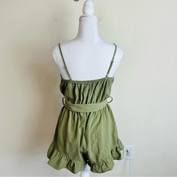 Princess Polly Olive Green Button Embellished Ruffle Hem Self Tie Cami Romper - Picture 2 of 4